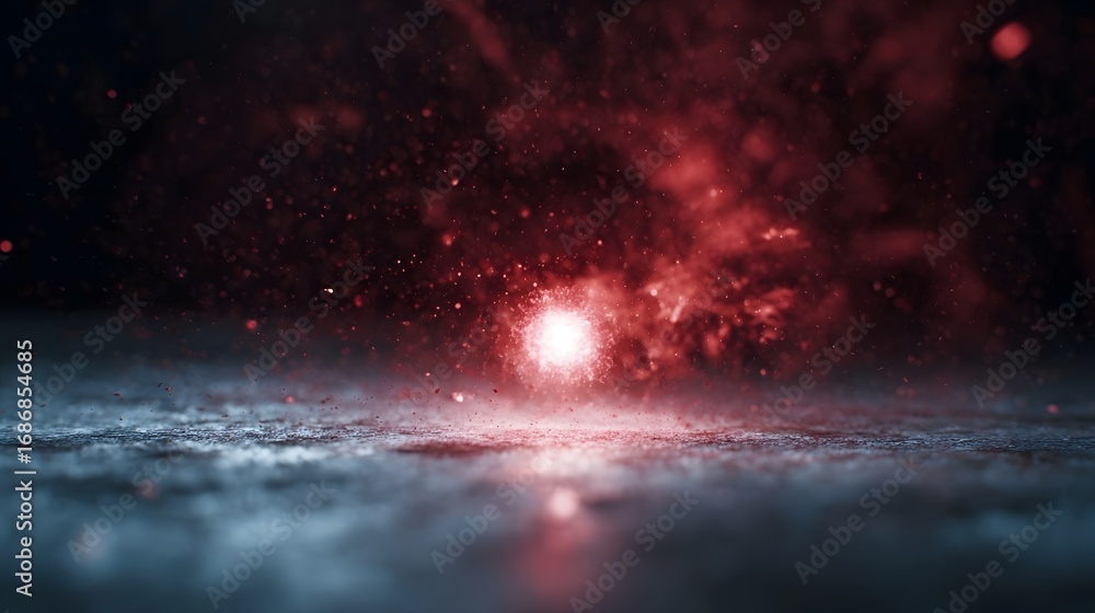 Poster dynamic visual of a powerful red energy explosion scattering luminous particles and smoke across a d