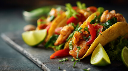 Tacos with mixed proteins and vibrant toppings lime wedges and chopped herbs accentuating color shallow background blur enhancing culinary focus atmosphere of freshness and