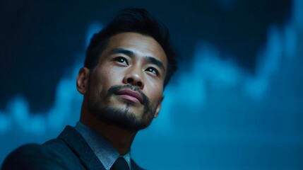 Asian businessman looks up thoughtfully analyzing financial data on a futuristic blue screen