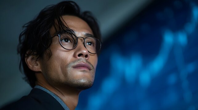 Asian businessman wearing glasses intently studies a digital financial graph on a large screen focused on future strategy - Powered by Adobe