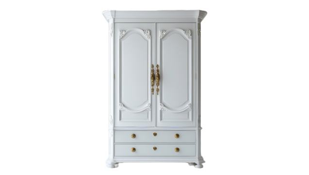 A modern white wall-mounted cabinet with three doors and metallic handles, isolated on a transparent background.  - Powered by Adobe