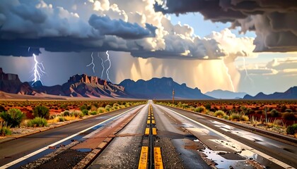 Dramatic desert highway under a stormy sky
