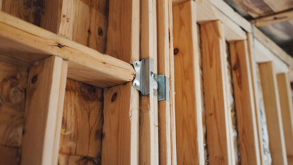 Detail of a structural wood frame and support bracket in a house under construction