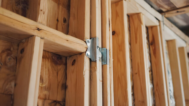 Detail of a structural wood frame and support bracket in a house under construction