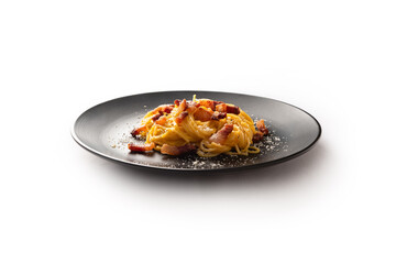 Piatto di spaghetti alla carbonara, pasta romana, cibo italiano 