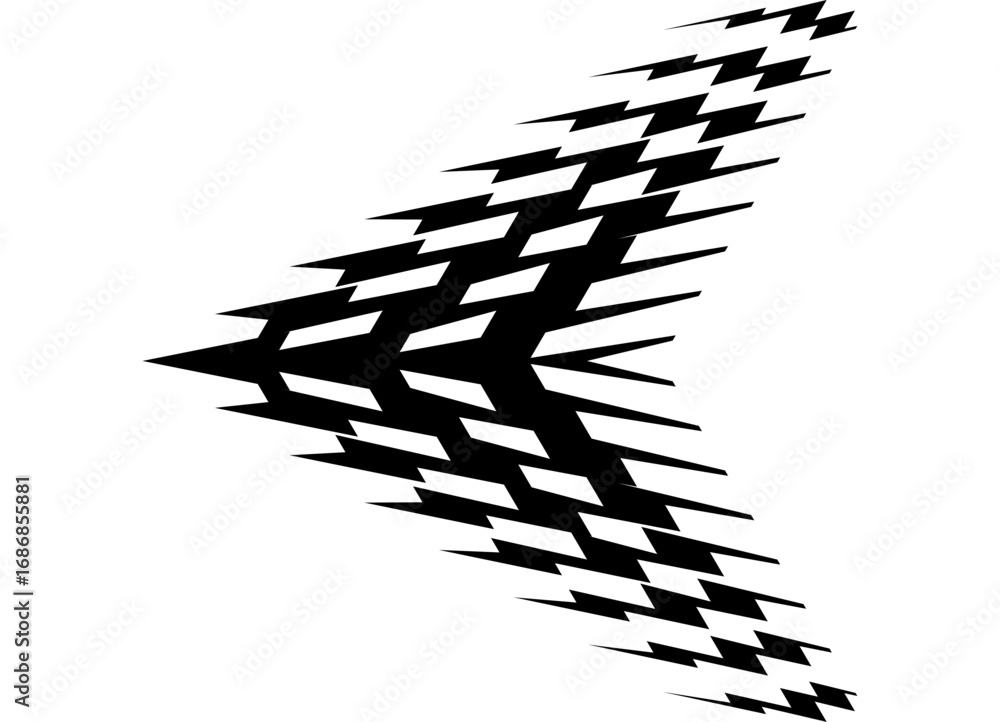 Poster Vector sharp dynamic arrow, black on white background. Striped Design element from broken sharp lines. Pointer, direction. Sports vector background. Flight