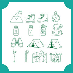 Fototapeta premium Camping and Hiking Adventure Icons Set with Cute Cartoon Faces.