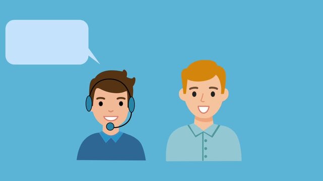Animated illustration of two men, one with a headset and speech bubble, symbolizing customer support, teamwork, communication, and online service.