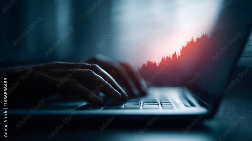 Poster hands typing on a laptop with a rising market graph displayed on the screen