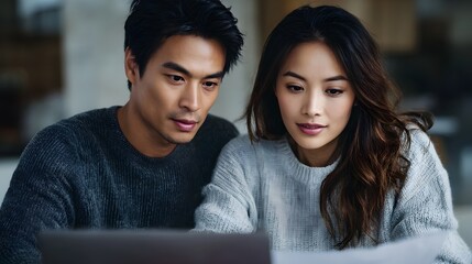 Asian couple focused on laptop screen working together on documents at home