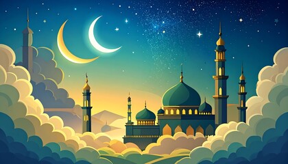 Nighttime mosque scene on clouds