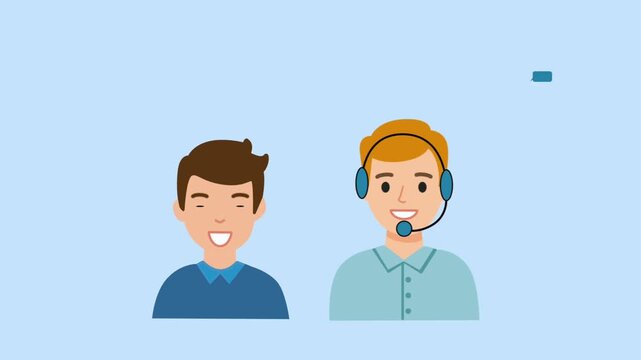 Animated illustration of two men, one with a headset and speech bubble, symbolizing customer support, teamwork, communication, and online service.