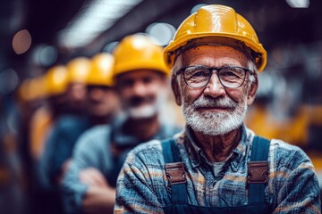 Experienced worker with yellow hard hat and glasses leading team in factory during daylight hours
