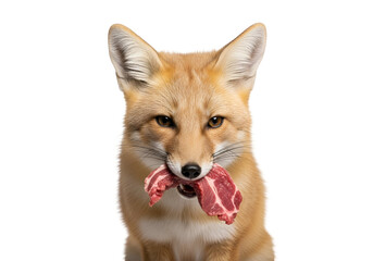 Fototapeta premium Close-up of a reddish fox with a piece of raw meat in its mouth against a plain black background.