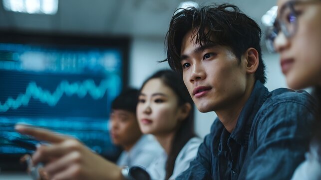 Focused students collaborate while learning about market trends displayed on a large digital screen