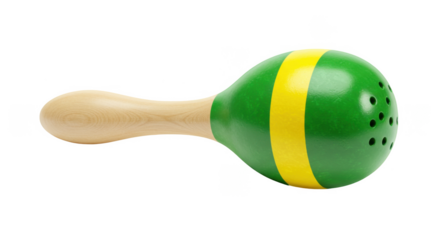 Wooden green maraca with yellow stripe and wooden handle isolated on white background.