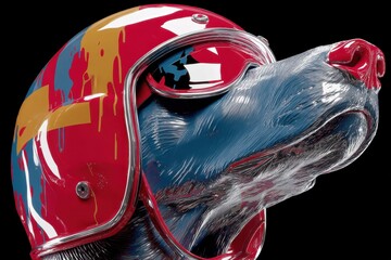 Canine Daredevil: A strikingly colorful dog sculpture, adorned with a bold racing helmet, exudes playful defiance and adventure against a sleek backdrop.