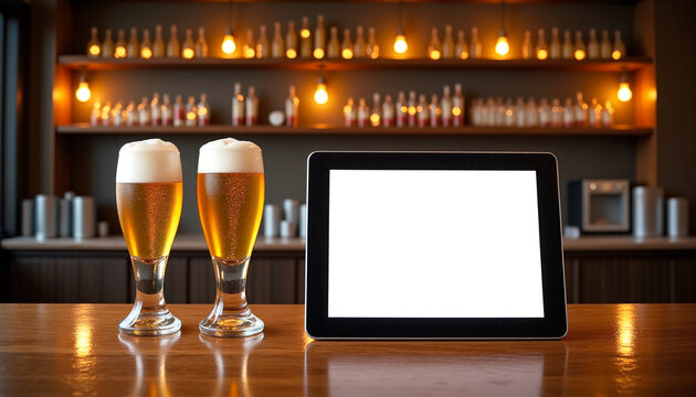 Tablet with blank screen on bar counter with beer glasses, digital menu and beverage promotion