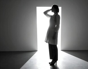 Fototapeta premium A silhouette of doctor stands at the open doorin a dark scene. The doctor's figure is sharply defined against the black background, with shadows completely covering their face.