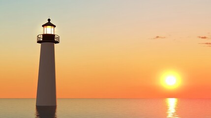 Serene Coastal Landscape Featuring a Navigational Beacon Illuminating the Twilight Sky at Dusk