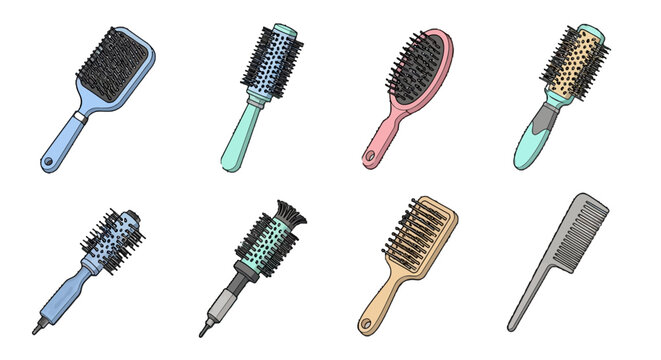 Hairbrush Vector Icon Set with Paddle Round and Comb Styles