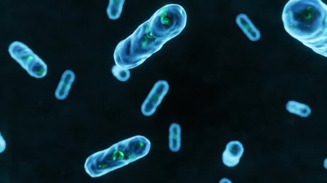 A close-up scientific illustration showcasing a colony of bacilli bacteria with glowing internal components against a dark background