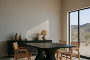 wall mockup Desert inspired dining area with black modern table, woven chairs, and pottery decor