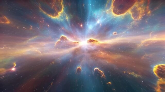 Abstract cosmic celestial explosion artwork with vibrant lights and colors