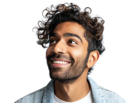 Young man looking up with a cheerful smile on an isolated transparent background portrait