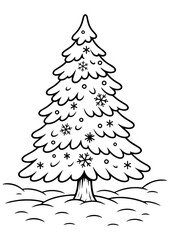 Black and white vector Christmas tree with snow and snowflakes, perfect for engraving, prints, laser cutting, and holiday projects