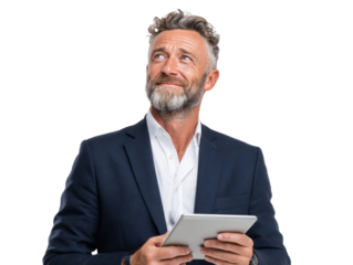 Pensive mature businessman contemplating future opportunities while holding tablet