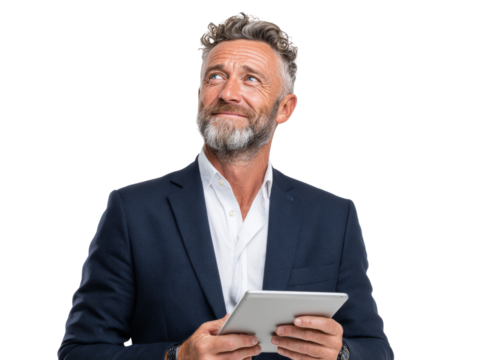 Pensive mature businessman contemplating future opportunities while holding tablet - Powered by Adobe