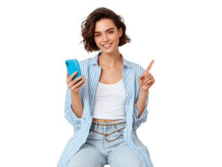 Smiling millennial girl with phone and pointing gesture against transparent backdrop for design