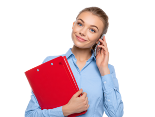 Confident woman with red clipboard engaged in mobile phone conversation smiles genuinely