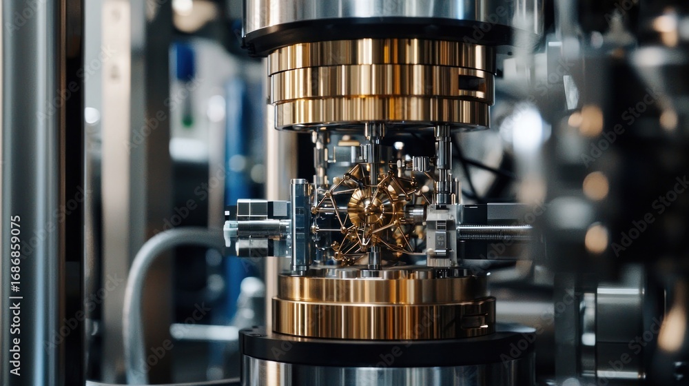 Poster close-up of intricate metallic machinery inside a testing apparatus.