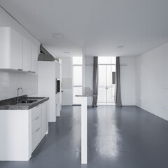 Modern luxury kitchen interior in minimal scandinavian style, 3d render

