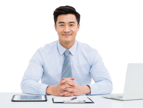 Confident Asian Businessman at Desk with Laptop and Tablet on Isolated Transparent Layout - Powered by Adobe