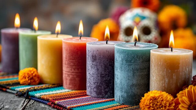 Colorful candles arranged on a woven mat, surrounded by marigold flowers. The scene reflects the Day of the Dead celebration with vibrant colors and traditional elements.