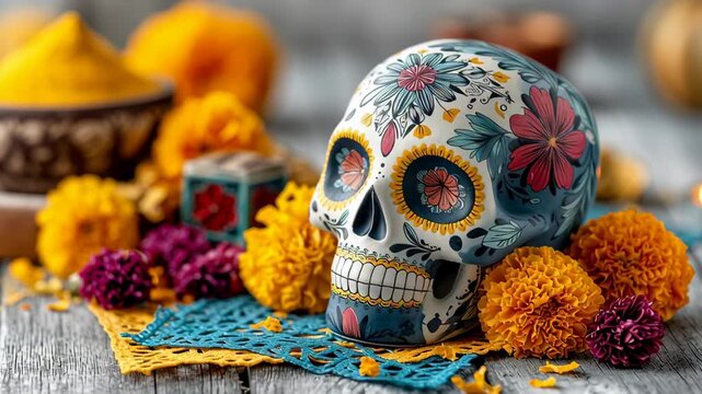 Colorful sugar skull with floral designs, marigold flowers, papel picado, and copal incense on a wooden table. Celebrating Day of the Dead in November.