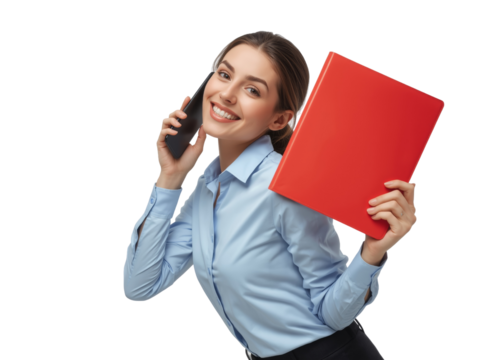Isolated businesswoman smiling while using mobile phone and holding a red folder in hand on a