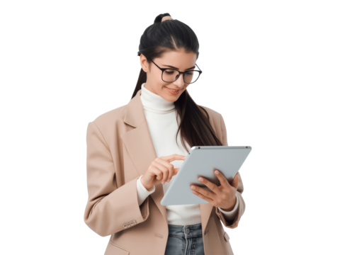 Stylish woman interacting with a digital tablet device against a clear backdrop