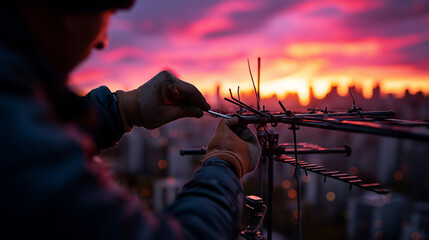 A close up of a technician securing rooftop antenna fixtures with precision tools urban skyline glowing in the background with shades of pink and orange fine details of gloves