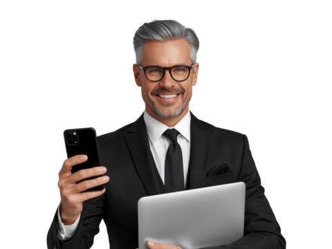 Confident and stylish mature businessman smiling with a phone and laptop on transparent isolated