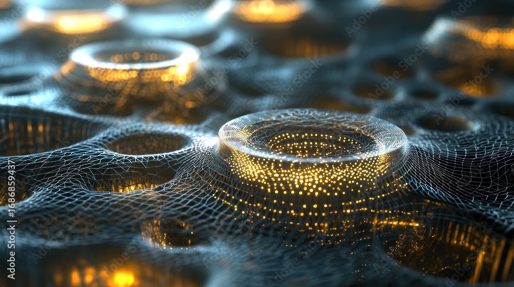 Aufkleber abstract digital landscape with glowing nodes and network mesh.