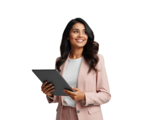 Confident businesswoman with tablet on isolated transparent presentation, ready for your content,