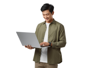 Asian man happily works on his laptop, portraying modern connectivity and remote productivity