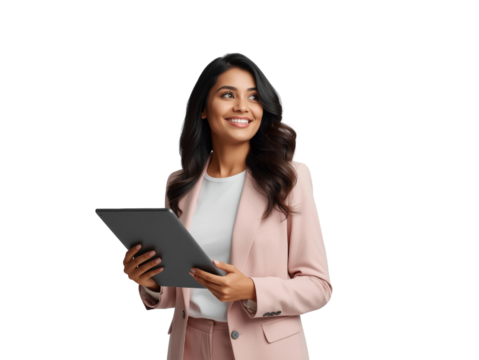 Confident businesswoman with tablet on isolated transparent presentation, ready for your content,