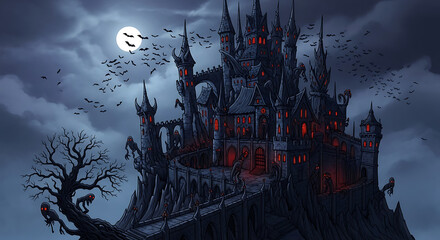 Spooky castle under full moon with bats and ghostly figures