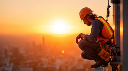 Fototapeta premium Rooftop installer balancing carefully on a ledge while tightening bolts on an antenna city below bathed in warm hues of sunset tools reflecting golden light atmosphere of