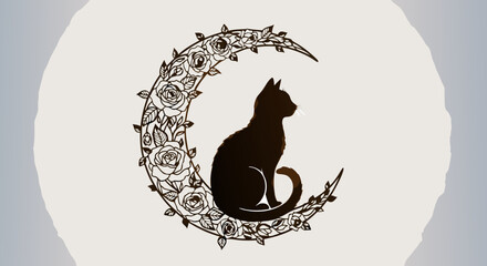 Minimalist Vector SVG Icon of Cat Silhouette Inside Ornamental Rose Moon in Modern Flat Style for Web and Digital Design
